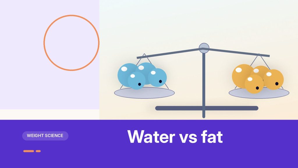 Water vs fat: illustration of a balance scale comparing water and fat