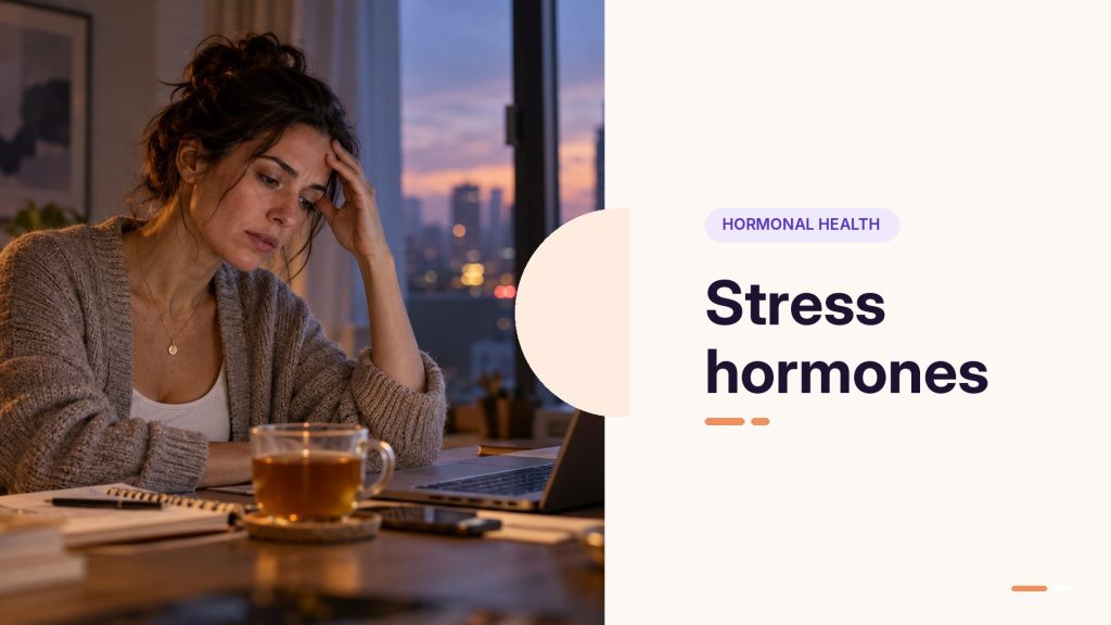 Stress hormones: woman under stress at her desk in the evening
