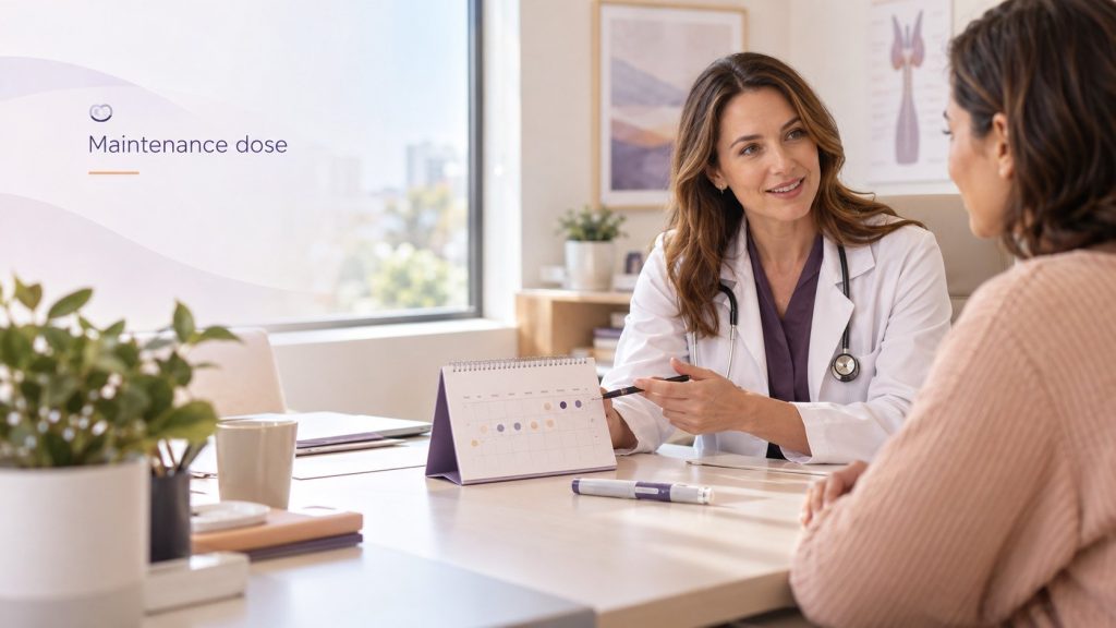Endocrinologist discussing a maintenance dose plan with a patient at a follow-up appointment