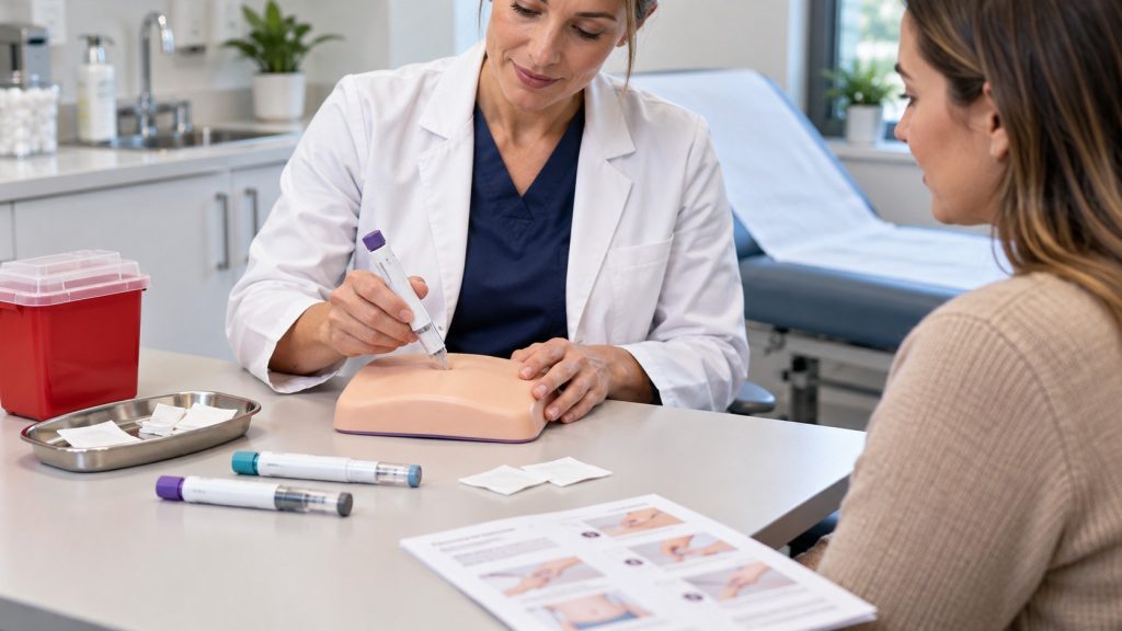 Doctor showing a patient how to use a weight loss injection pen on a practice pad