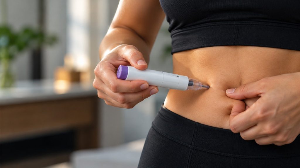 Person giving a weekly weight loss injection into the abdomen with a pen