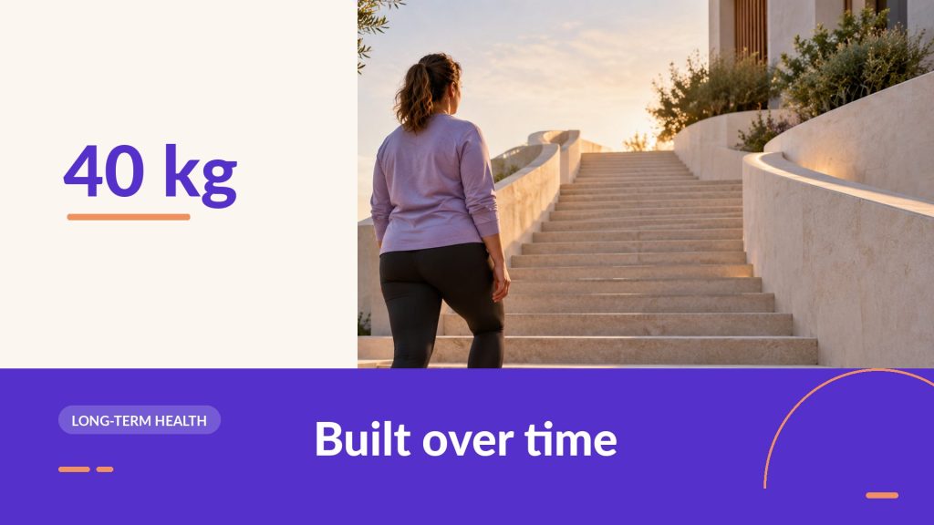 40 kg, built over time: woman climbing a flight of outdoor stone steps