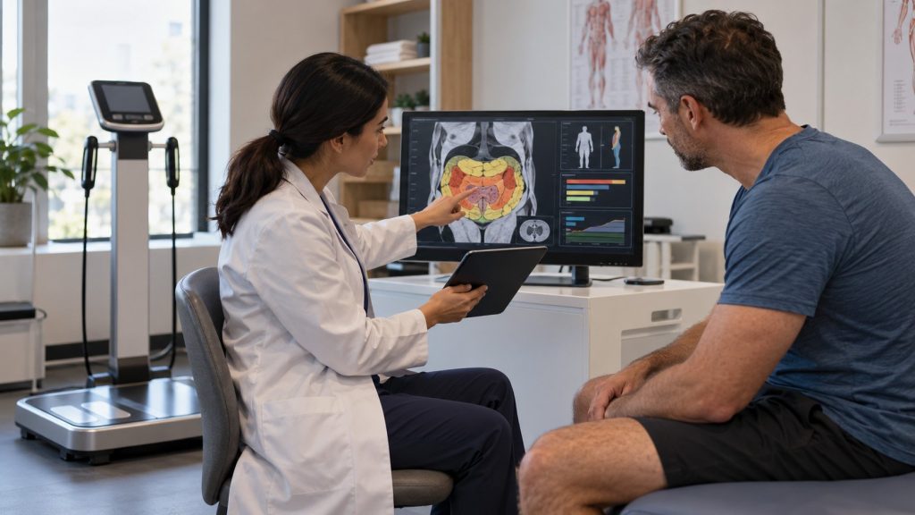 Doctor explaining a visceral fat scan to a patient beside a body composition analyser
