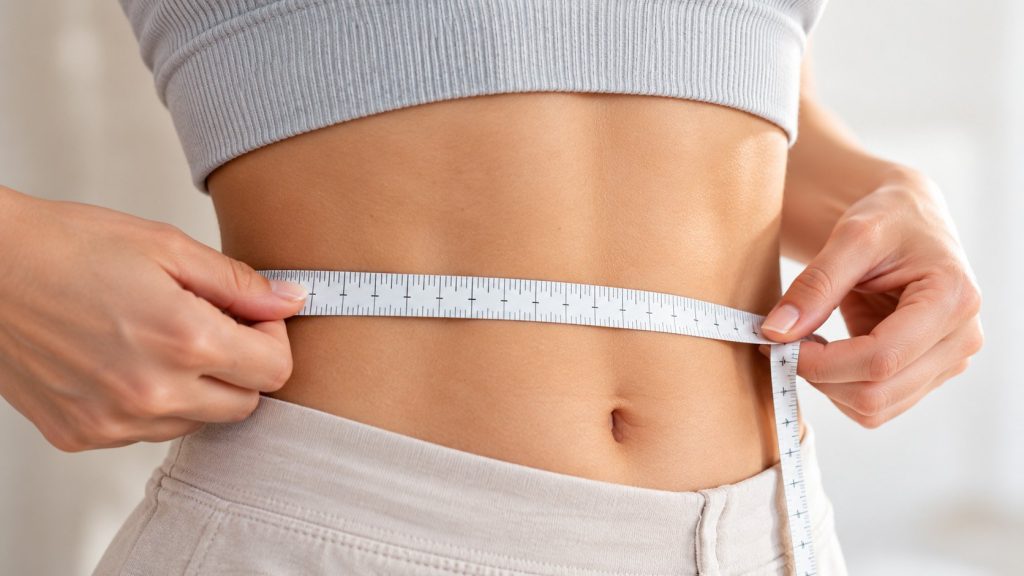 Woman measuring her waist with a tape measure