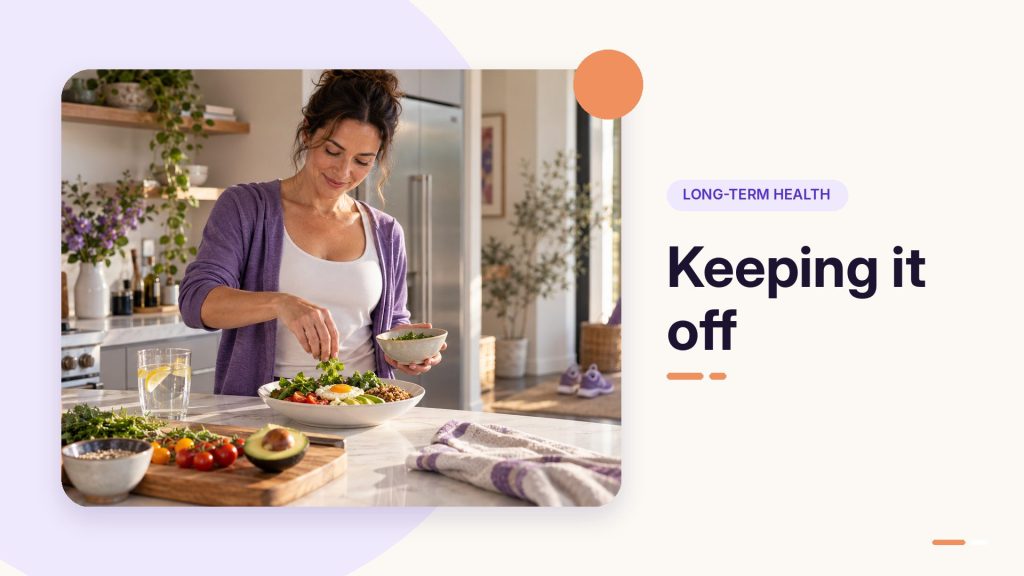 Keeping it off: woman preparing a balanced salad bowl in her kitchen