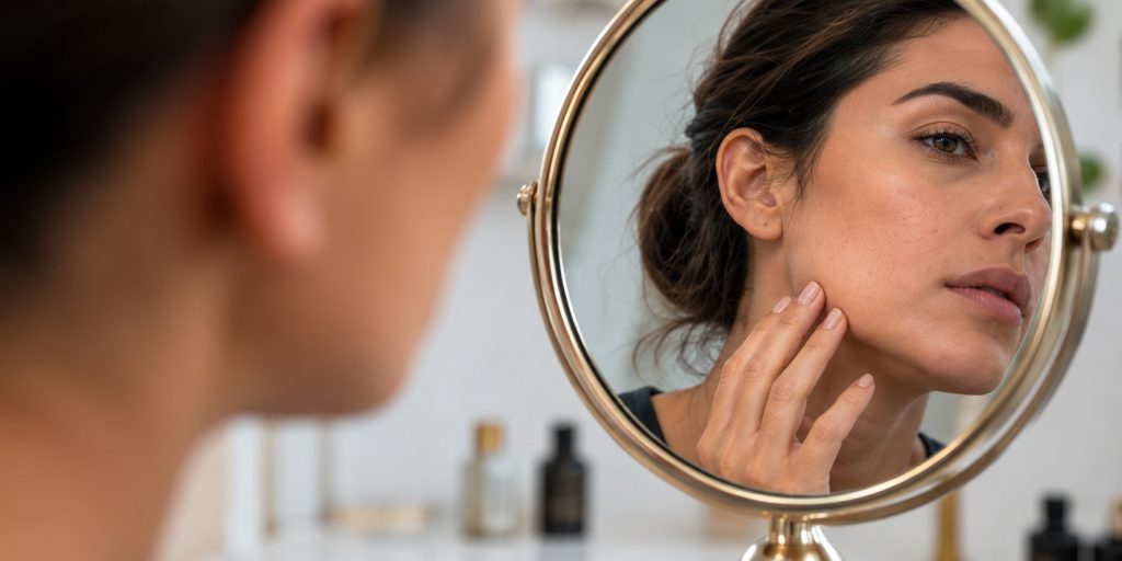 Woman examining her cheeks and jawline in a mirror
