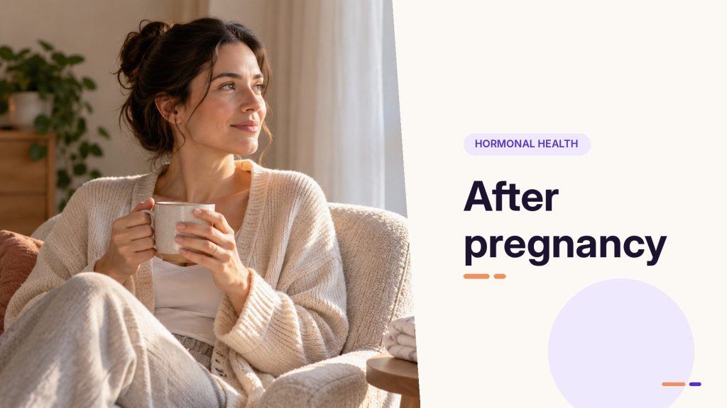 After pregnancy: woman resting at home with a cup of tea