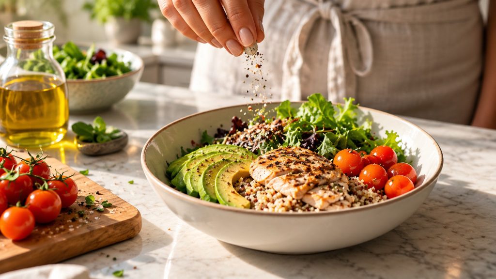 Balanced meal bowl with grilled chicken, quinoa, avocado, cherry tomatoes and salad leaves