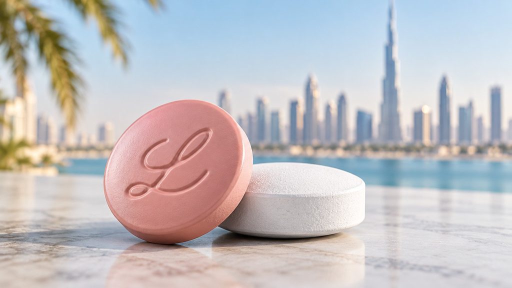 Weight loss tablets on a table in front of the Dubai skyline